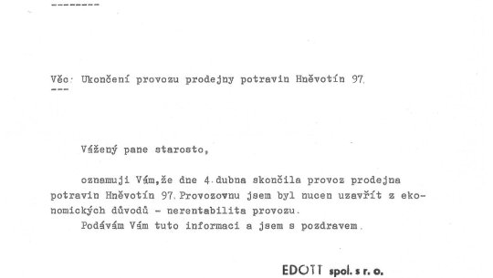 Dopis majitele EDOTTu, kterým obci Hněvotín oznámil ukončení provozu prodejny, 1992